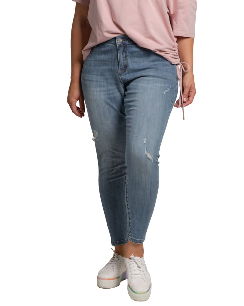 Front of a model wearing a size 14 Doris Skinny Jeans in 3221TUNDERBL by Standards & Practices. | dia_product_style_image_id:276273